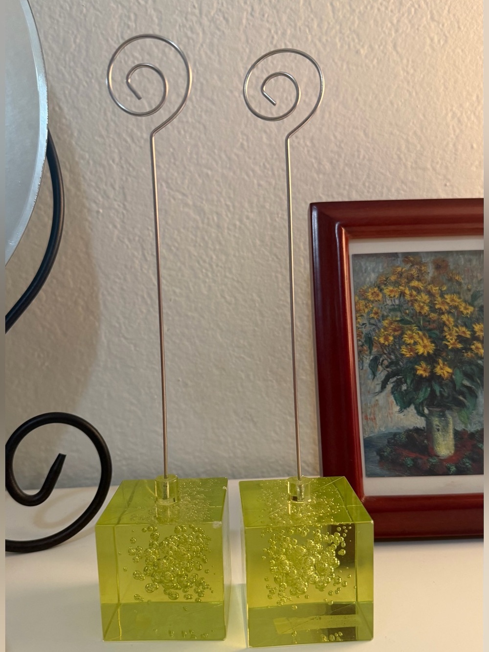 Vintage IKEA Lucite Cube Lime Photo Holders with Swirl & Bubble Accent - Pair